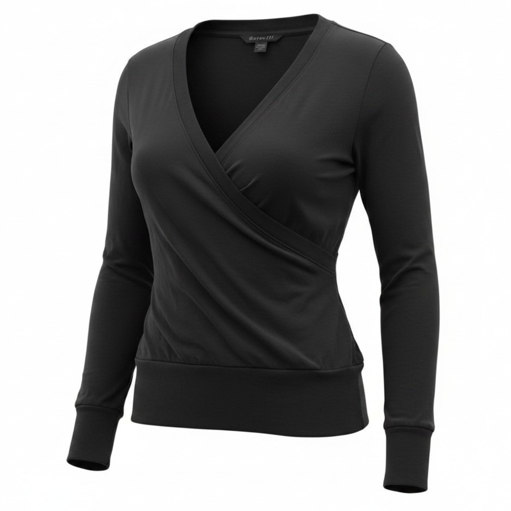 Athleta Wrap Top Women M Medium Black Long Sleeve V-Neck Ribbed Hem Tencel Blend